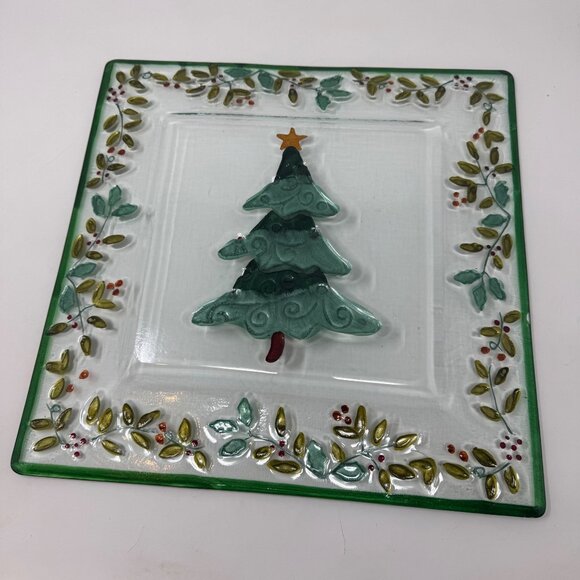 Pfaltzgraff Winterberry Christmas Glass Platter With Tree Design & Green Border - Picture 3 of 3